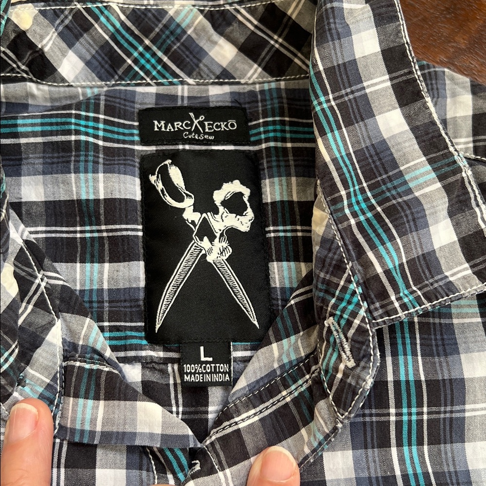 MARC ECKO Vintage 90s Streetwear L/S Button Down Shirt Blue/White Plaid Men's L - Picture 8 of 11
